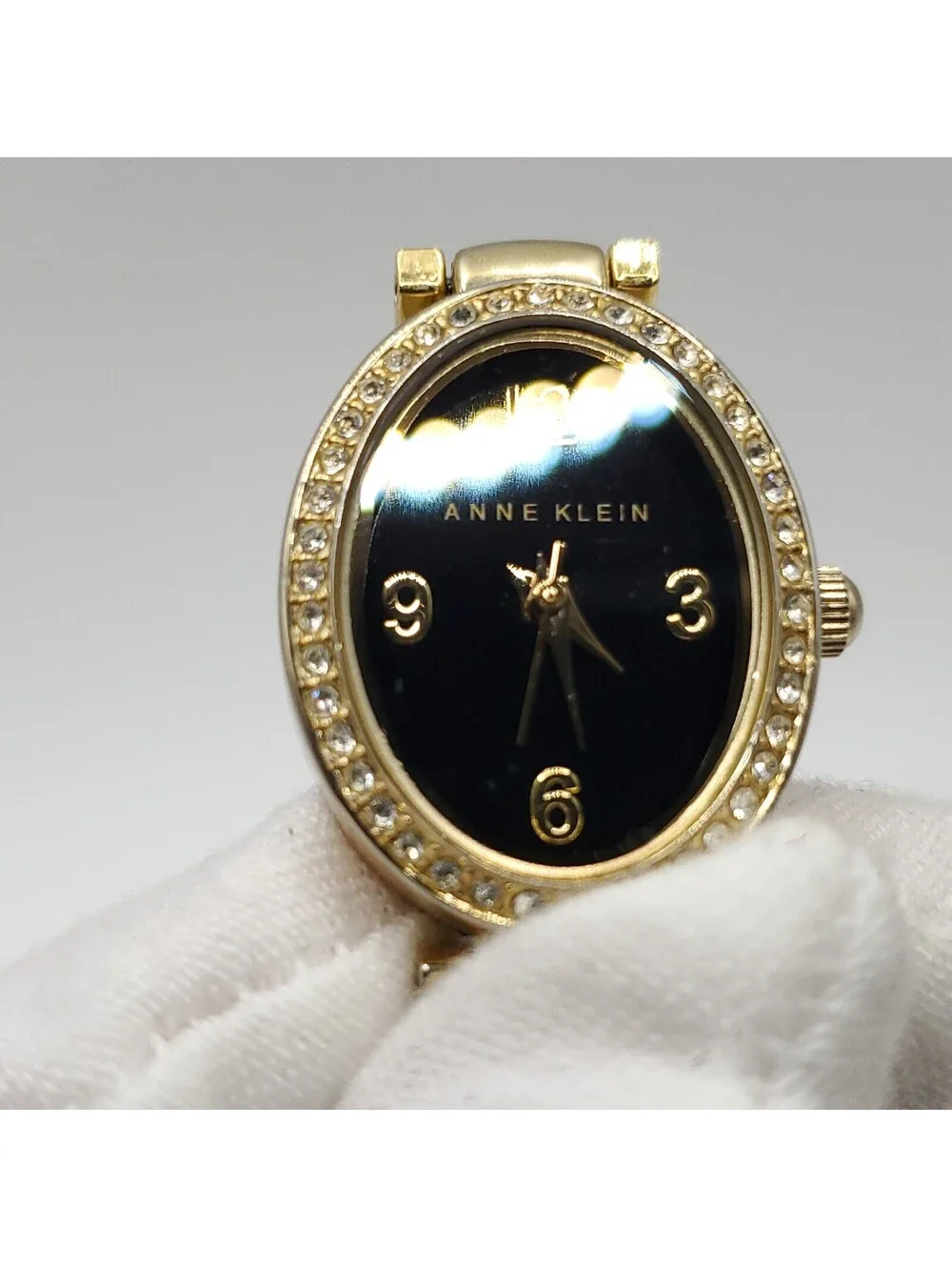 Anne Klein Oval Rhinestone Bezel Black Dial Womens Watch 19mm New Battery